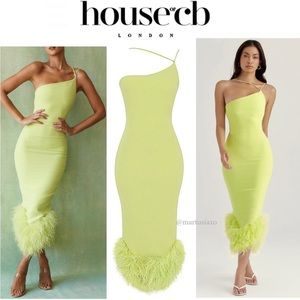 House of CB Alessia asymmetrical feather trim midi dress size L+ green